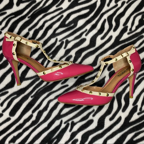 Fuchsia/ Tan Genuine Leather T-Strap Heels With Gold Details - Picture 2 of 3